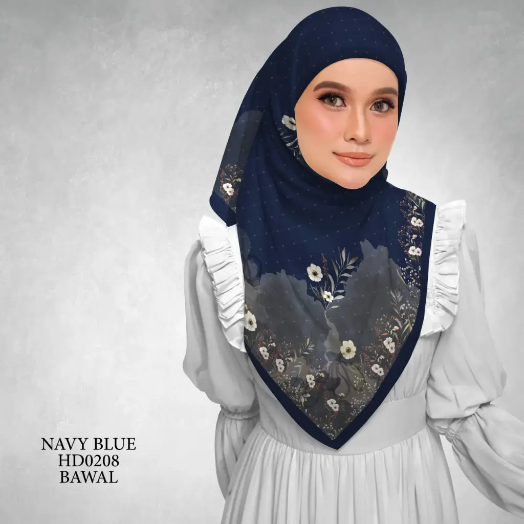 Magnolia Series in Navy Blue (HD0208) (Cotton Voile Premium, Bidang 40" (Kids), Bawal Biasa (No Awning), Tak Tambah Nama, Taknak Giftcard)